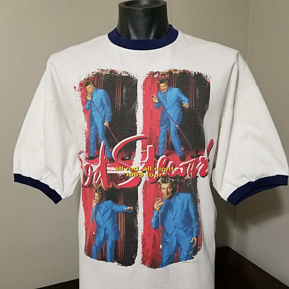 Vintage 90s Rod Stewart T Shirt XL All Rod All Night Tour Concert Usa Ringer Tee